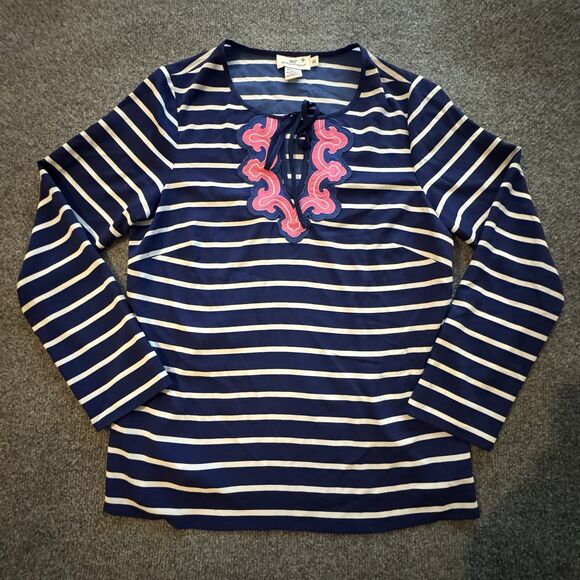 Vineyard Vines Striped Popover Peasant Blouse Top Blue White Pink Women’s XS - Picture 3 of 6